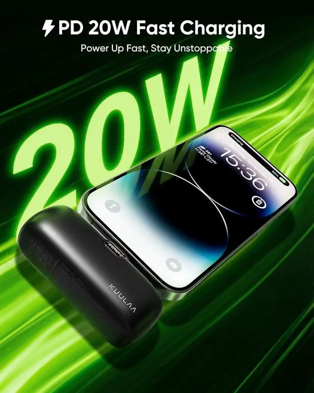 Alt view image 5 of 7 - Kuulaa Small Portable Charger iPhone with Built-in Lightning Cable 5000mAh Power Bank Fast Charging for iPhone 14/13/13 Pro/12/12 Pro/11/XR/XS/X/8/7/6 Black