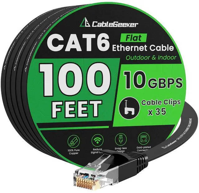 Main image of Cat 6 Ethernet Cable 100 ft, Indoor&Outdoor, High Speed 10Gbps Internet Network, Pure Copper Flat Ethernet Patch Cable Long, Computer LAN Cable with Clips & Straps for Router, Modem, PS4/5, Black