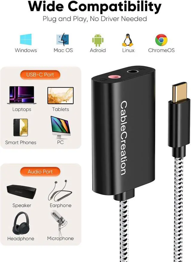 Alt view image 4 of 7 - CableCreation Type C External Sound Card,USB-C Microphone Headphone Adapter | Type C Sound Card with 3.5mm Audio Jack for MacBook Pro, iMac, iPad Pro 2020, iPhone 16/15, Galaxy S24/ S23/ S22/ S21+