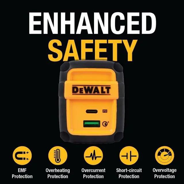 Alt view image 7 of 7 - DEWALT Heavy Duty 49.5W Dual USB & USB C Charger Block (Cable Not Included), USBC Power Adapter, 2 Port Compact Foldable Fast Wall Charger for iPhone 17/16/15/14 Galaxy Pixel 4/3 iPad - Black & Yellow