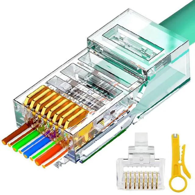 Main image of RJ45 Cat6 Cat5e Pass Through Connectors 100 Packs Gold Plated 3 Prong 8P8C Modular Ethernet UTP Network Cable Plug for Unshielded Twisted Pair Solid Wire & Standard Cables