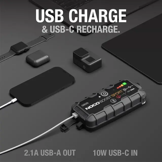 Alt view image 4 of 6 - NOCO Boost GB20: 500A UltraSafe Jump Starter 12V Lithium Battery Booster Pack, Portable Jump Box, Power Bank & Jumper Cables - for 4.0L Gas Engines