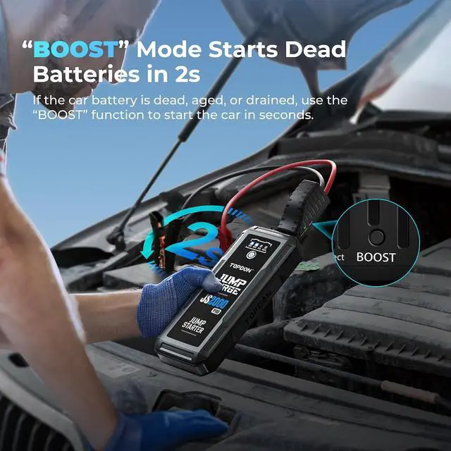 Alt view image 2 of 7 - Car Battery Jump Starter, TOPDON 2000A Peak Jump Starter for Up to 8L Gas/6L Diesel Engines, 12V Portable Battery Booster Jump Starter Pack with Jumper Cables and EVA Protection Case