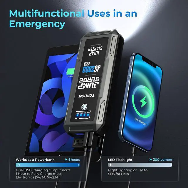 Alt view image 6 of 7 - Car Battery Jump Starter, TOPDON 2000A Peak Jump Starter for Up to 8L Gas/6L Diesel Engines, 12V Portable Battery Booster Jump Starter Pack with Jumper Cables and EVA Protection Case