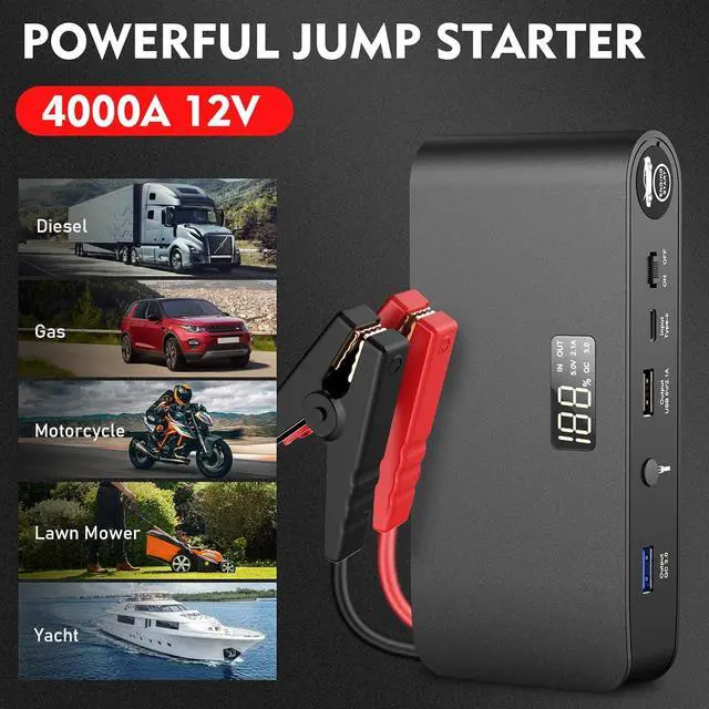 Alt view image 2 of 7 - BOOKOO Car Battery Jump Starter 4000A,16000mAh Portable Battery Jumper Cables for Car 8L Gas 7L Diesel Engines,Jump Box with USB QC 3.0 PD 18W Fast Charging,3 LED Modes with SOS for Emergency Use