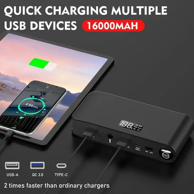 Alt view image 3 of 7 - BOOKOO Car Battery Jump Starter 4000A,16000mAh Portable Battery Jumper Cables for Car 8L Gas 7L Diesel Engines,Jump Box with USB QC 3.0 PD 18W Fast Charging,3 LED Modes with SOS for Emergency Use
