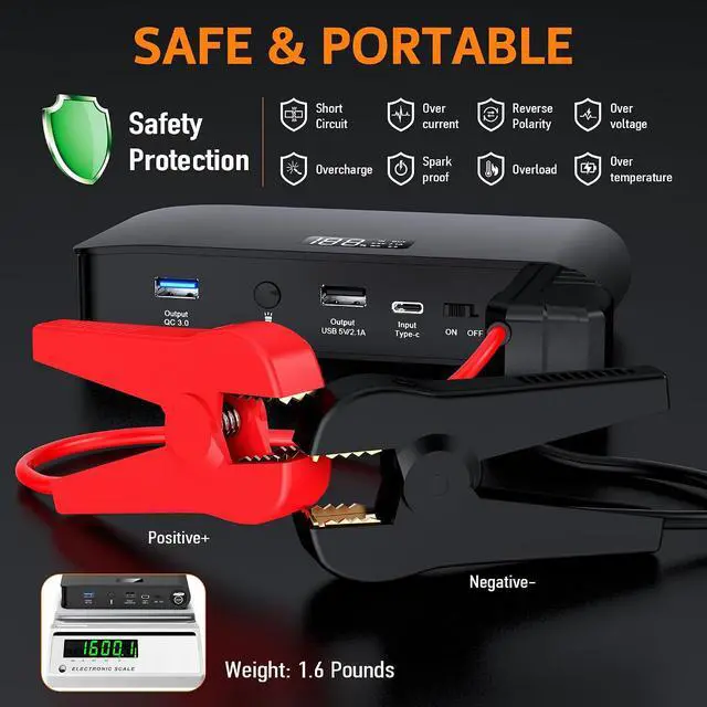 Alt view image 5 of 7 - BOOKOO Car Battery Jump Starter 4000A,16000mAh Portable Battery Jumper Cables for Car 8L Gas 7L Diesel Engines,Jump Box with USB QC 3.0 PD 18W Fast Charging,3 LED Modes with SOS for Emergency Use