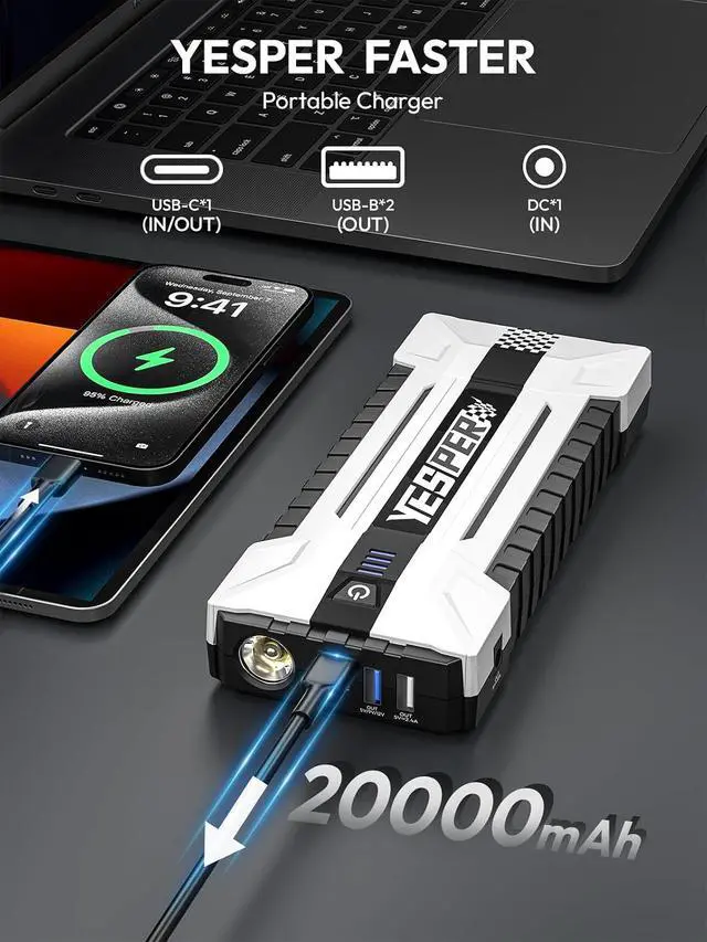 Alt view image 4 of 7 - YESPER Battery Jump Starter Portable, 3000A Booster Pack Jump Box for 12V Car (Up to 10L Gas/8L Diesel Engine), Jumper Cables with DSLI Safe Tech, PD 15W Fast Charge & DC 15V Port