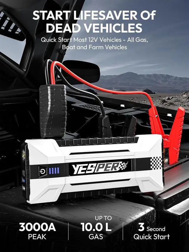 Alt view image 3 of 7 - YESPER Battery Jump Starter Portable, 3000A Booster Pack Jump Box for 12V Car (Up to 10L Gas/8L Diesel Engine), Jumper Cables with DSLI Safe Tech, PD 15W Fast Charge & DC 15V Port