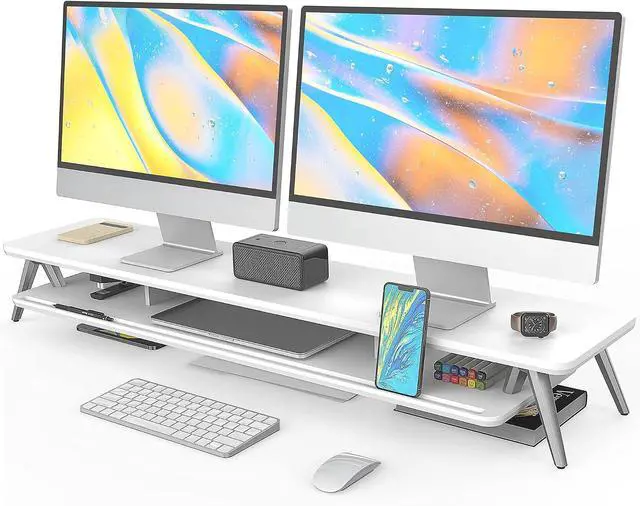 Main image of Fenge Dual Monitor Stand, Monitor Stands Riser for 2 monitors, 42.5 Inch Wood Desk Shelf with Storage Organizer and Cable Management for Office Desk Accessories