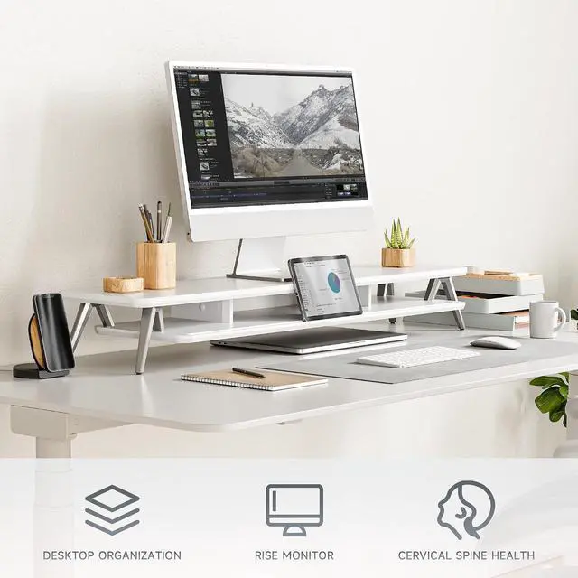 Alt view image 2 of 7 - Fenge Dual Monitor Stand, Monitor Stands Riser for 2 monitors, 42.5 Inch Wood Desk Shelf with Storage Organizer and Cable Management for Office Desk Accessories