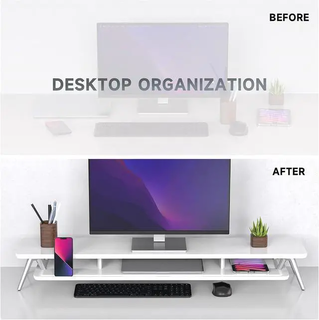 Alt view image 6 of 7 - Fenge Dual Monitor Stand, Monitor Stands Riser for 2 monitors, 42.5 Inch Wood Desk Shelf with Storage Organizer and Cable Management for Office Desk Accessories