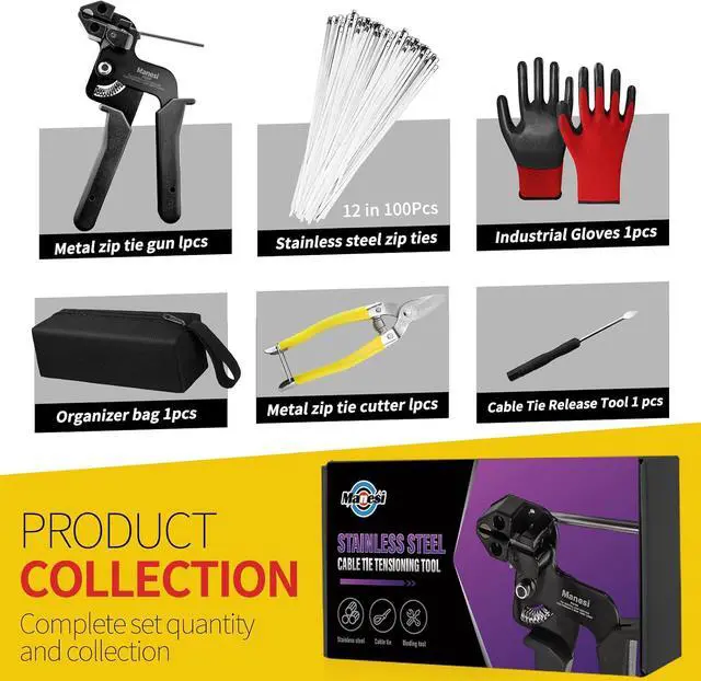 Alt view image 2 of 7 - 106PCS Heavy Duty 304 Stainless Steel Cable Tie Gun Kit, Includes 100PCS 11.8 Inch Metal Zip Ties, Self-Locking, UV & Corrosion Resistant, for Fence, Exhaust Pipe, Chicken Coop, Farm Use
