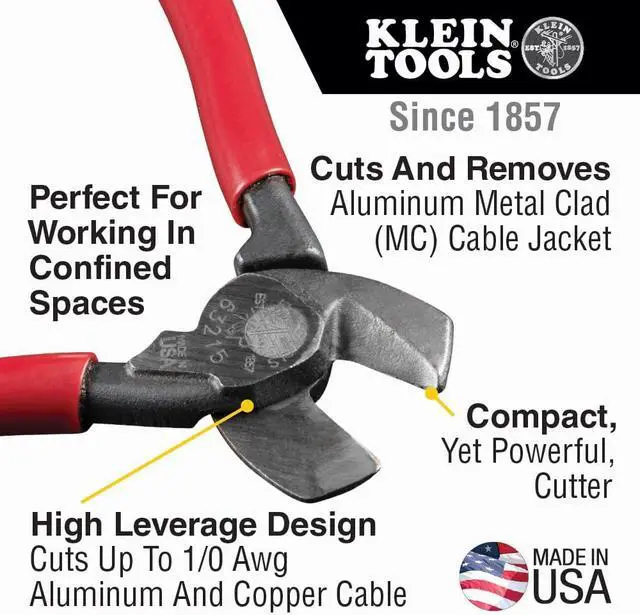 Alt view image 2 of 7 - Klein Tools 63215 Cable Cutter, Made in USA, High-Leverage 6.5-Inch Compact, Forged From US Made Steel, Ideal for Cutting Aluminum and Copper Cable