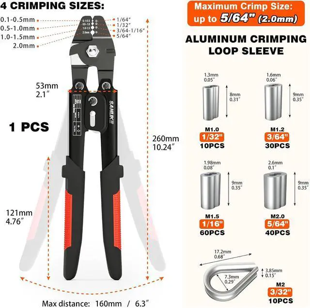 Alt view image 2 of 7 - Sanuke Wire Rope Crimping Tool Kit, Up to 2.0mm Swaging Tool | for 3/64 1/16 5/64 inch Sleeves, Wire Rope Crimper with 140pcs Sleeves and 10pcs Thimbles