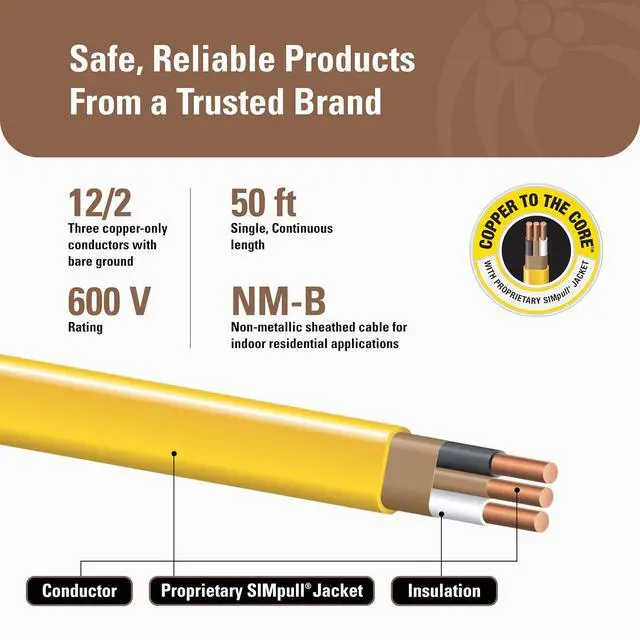 Alt view image 4 of 7 - Southwire Romex Brand Simpull Solid Indoor 12/2 W/G NMB Cable 50ft coil - SW# 28828222