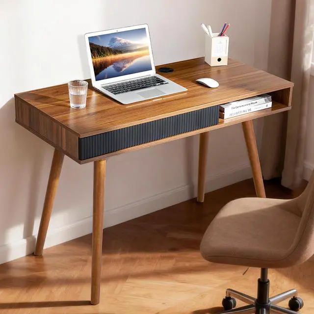 Main image of Walnut Wood Desk with Drawer, 42.5" Mid Century Modern Writing Desk | Drawer & Open Storage Cubby, Cable Grommet, Solid Wood Legs, Reinforced Structure for an Organized & Stable Workspace