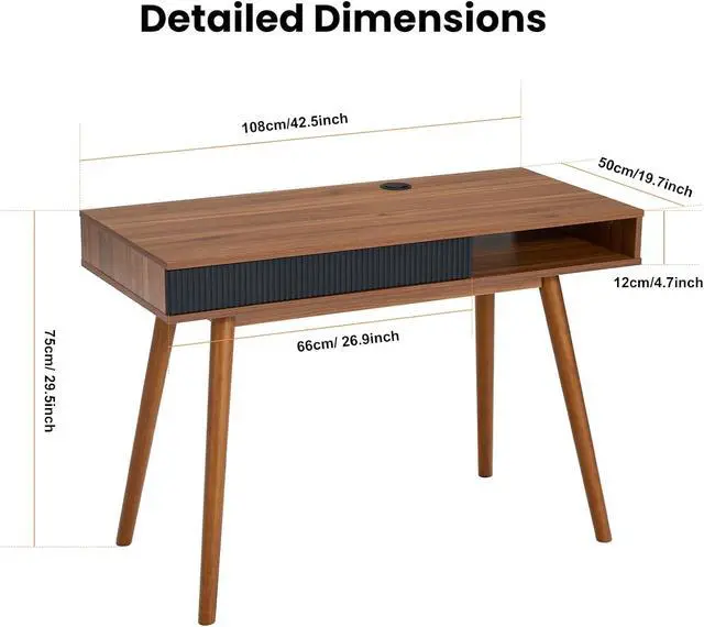 Alt view image 2 of 7 - Walnut Wood Desk with Drawer, 42.5" Mid Century Modern Writing Desk | Drawer & Open Storage Cubby, Cable Grommet, Solid Wood Legs, Reinforced Structure for an Organized & Stable Workspace
