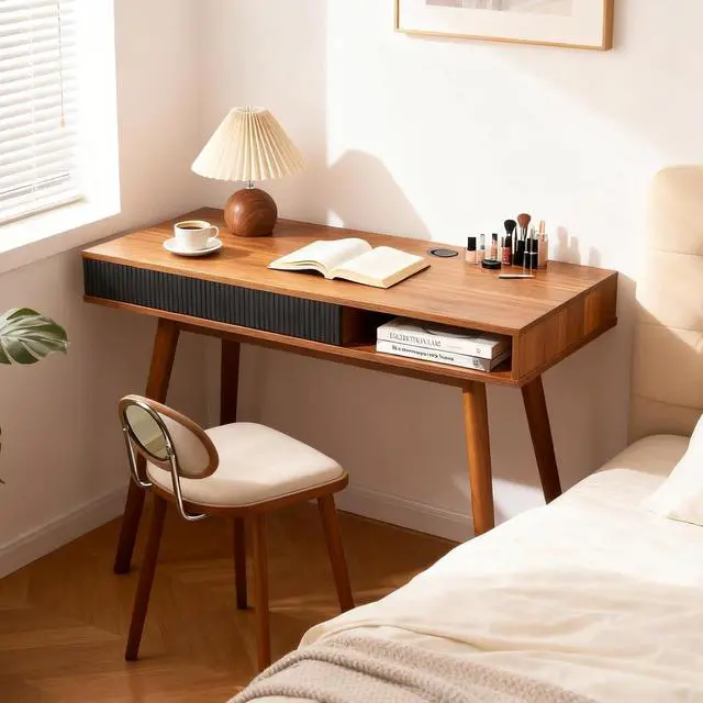 Alt view image 3 of 7 - Walnut Wood Desk with Drawer, 42.5" Mid Century Modern Writing Desk | Drawer & Open Storage Cubby, Cable Grommet, Solid Wood Legs, Reinforced Structure for an Organized & Stable Workspace