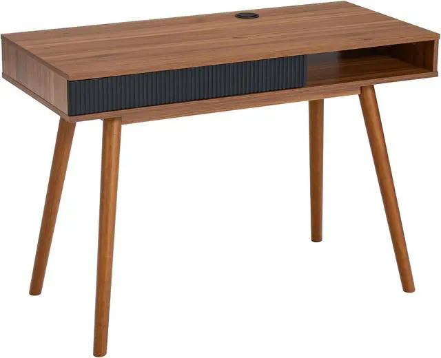 Alt view image 7 of 7 - Walnut Wood Desk with Drawer, 42.5" Mid Century Modern Writing Desk | Drawer & Open Storage Cubby, Cable Grommet, Solid Wood Legs, Reinforced Structure for an Organized & Stable Workspace