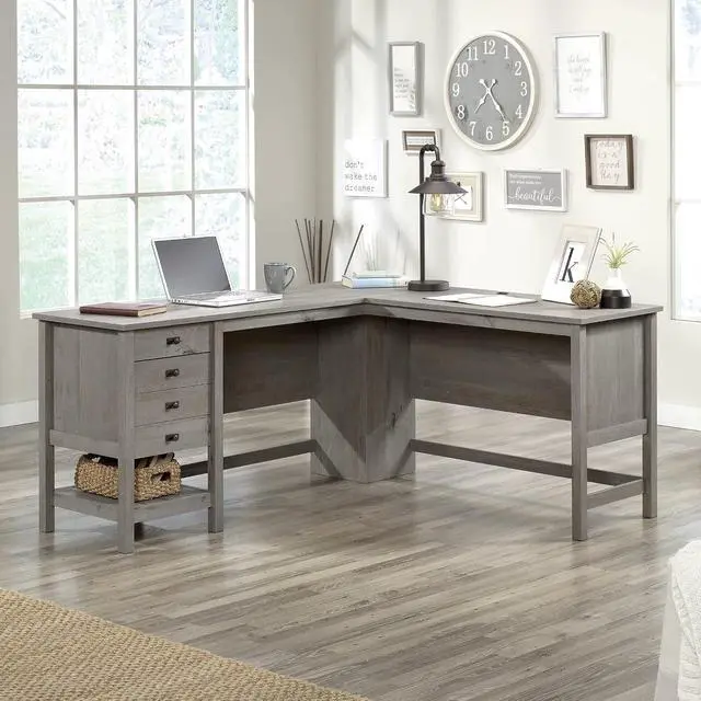 Alt view image 2 of 7 - Sauder Cottage Road L Shaped Desk Computer Desk with Drawers, Home Office Desk with Optional File Cabinet Storage, Cable Management, in Mystic Oak Finish