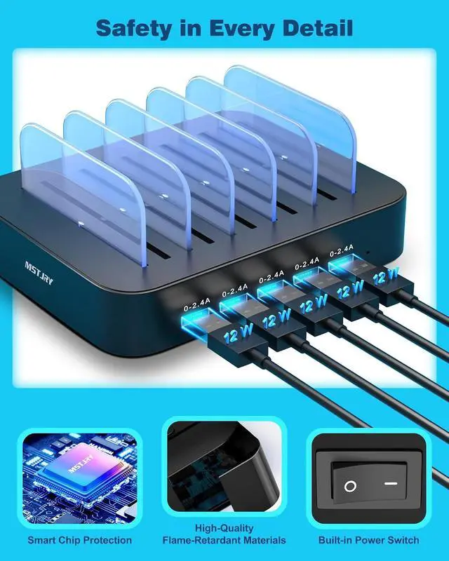 Alt view image 2 of 7 - MSTJRY Charging Station for Multiple Devices : 5 Port Multi USB-A Charger Stations Multi-Device Organizer Charging Dock Designed for iPhone iPad Cell Phone Tablets (7 Short Cables Included), Black