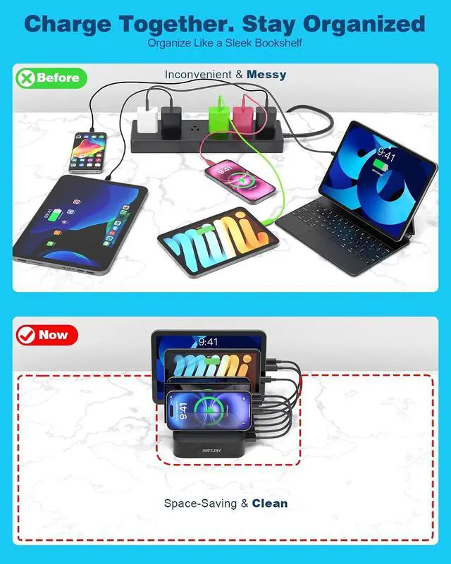 Alt view image 3 of 7 - MSTJRY Charging Station for Multiple Devices : 5 Port Multi USB-A Charger Stations Multi-Device Organizer Charging Dock Designed for iPhone iPad Cell Phone Tablets (7 Short Cables Included), Black