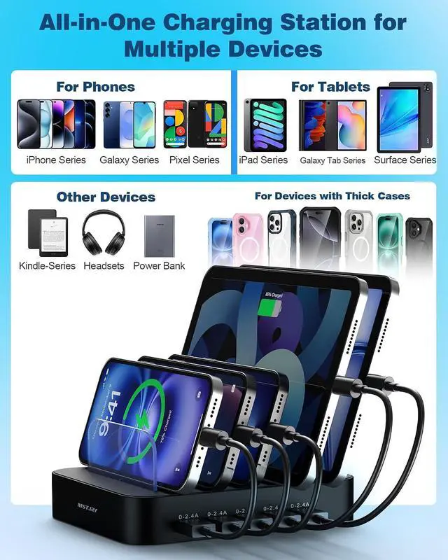 Alt view image 5 of 7 - MSTJRY Charging Station for Multiple Devices : 5 Port Multi USB-A Charger Stations Multi-Device Organizer Charging Dock Designed for iPhone iPad Cell Phone Tablets (7 Short Cables Included), Black