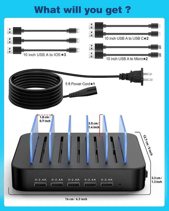 Alt view image 7 of 7 - MSTJRY Charging Station for Multiple Devices : 5 Port Multi USB-A Charger Stations Multi-Device Organizer Charging Dock Designed for iPhone iPad Cell Phone Tablets (7 Short Cables Included), Black