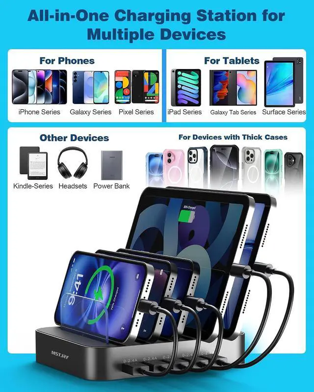 Alt view image 5 of 7 - MSTJRY Charging Station for Multiple Devices : 5 Port Multi USB-A Charger Stations Multi-Device Organizer Charging Dock Designed for iPhone iPad Cell Phone Tablets (7 Short Cables Included), Gunmetal