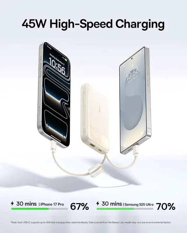 Alt view image 2 of 7 - Baseus 20000mAh Compact Portable Charger 45W, CCC Certified Power Bank Built-in USB-C Cables, Travel Essential PD Fast Charging Battery Pack for iPhone 17/16 Series Galaxy S25/S24 Ultra Google iPad