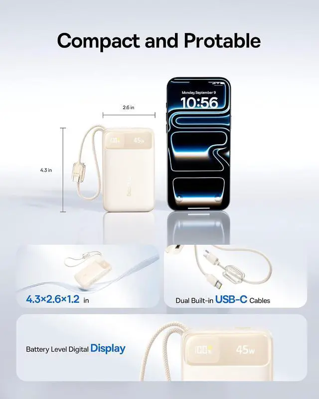 Alt view image 4 of 7 - Baseus 20000mAh Compact Portable Charger 45W, CCC Certified Power Bank Built-in USB-C Cables, Travel Essential PD Fast Charging Battery Pack for iPhone 17/16 Series Galaxy S25/S24 Ultra Google iPad