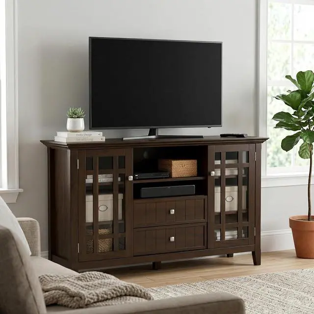Alt view image 2 of 7 - SIMPLIHOME Bedford TV Stand - 53 inch Wide Solid Wood Tall Media Console in Dark Tobacco Brown, Transitional Entertainment Center for Living Room for TVs up to 60 Inches with Cable Management