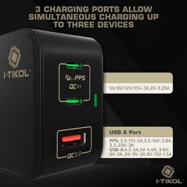 Alt view image 3 of 7 - 65W USB C Charger Block 3 Port - Foldable GaN Fast Charger with Cable Type C - PD 3.0 PPS QC 4+ Wall Charger Adapter for MacBook Air/Pro, Dell XPS, iPad Pro, iPhone 14/Pro/Max, A1901-04
