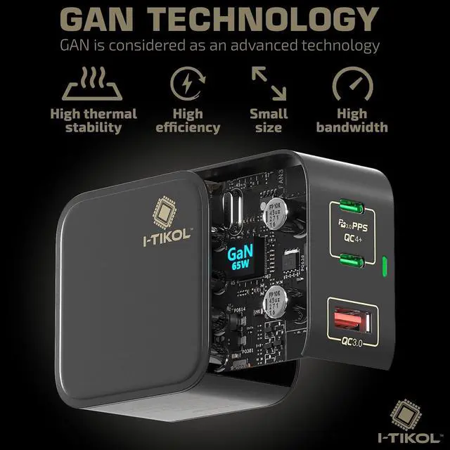 Alt view image 5 of 7 - 65W USB C Charger Block 3 Port - Foldable GaN Fast Charger with Cable Type C - PD 3.0 PPS QC 4+ Wall Charger Adapter for MacBook Air/Pro, Dell XPS, iPad Pro, iPhone 14/Pro/Max, A1901-04