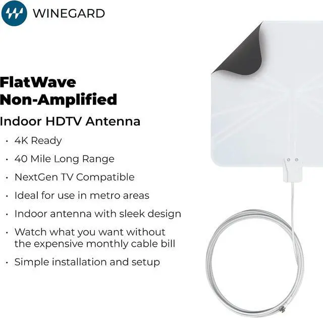Alt view image 2 of 7 - Winegard FL-5000 Indoor HD Antenna FlatWave - Non-Amplified VHF/UHF Indoor TV Antenna-Over-the-Air Reception-40 Mile Range-NextGen TV Compatible Ultra-Thin-Dual Color Easy Setup-For Metro Areas