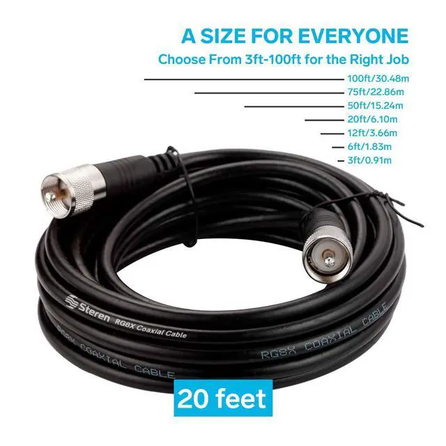 Alt view image 3 of 7 - STEREN RG8X Coaxial Cable 20 ft, CB Coax Cable with PL259 UHF Connectors, Male to Male Low Loss 50 Ohm for HAM Radio, LMR400, Antenna Analyzer