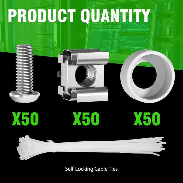 Alt view image 2 of 5 - M6 x 16mm Rack Mount Cage Nuts, Screws and Washers - 50 Pack for Server Cabinets, Shelves, Routers - Self-Locking Cable Ties