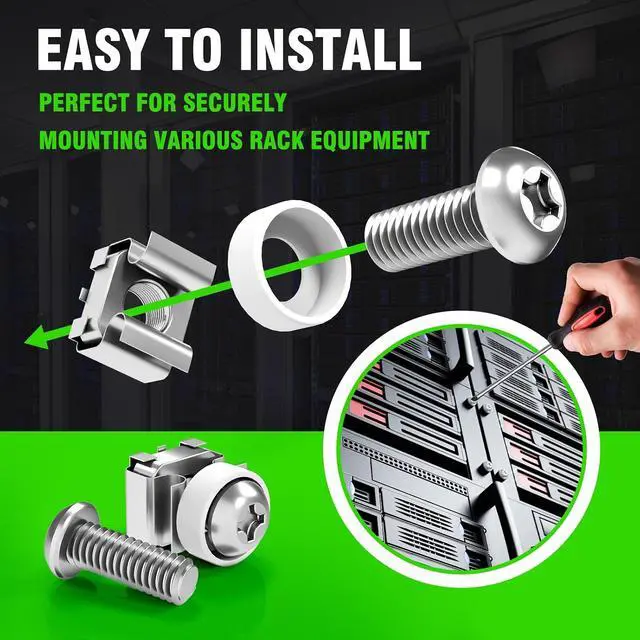Alt view image 4 of 5 - M6 x 16mm Rack Mount Cage Nuts, Screws and Washers - 50 Pack for Server Cabinets, Shelves, Routers - Self-Locking Cable Ties