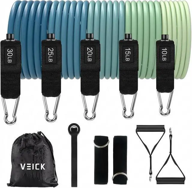 Main image of VEICK Resistance Bands with Handles, Ankle Straps, Door Anchor | Accredited Lab Certified, 100% Natural Latex, Cushioned Handles, Versatile for Yoga, Pilates, Strength, Home Gym