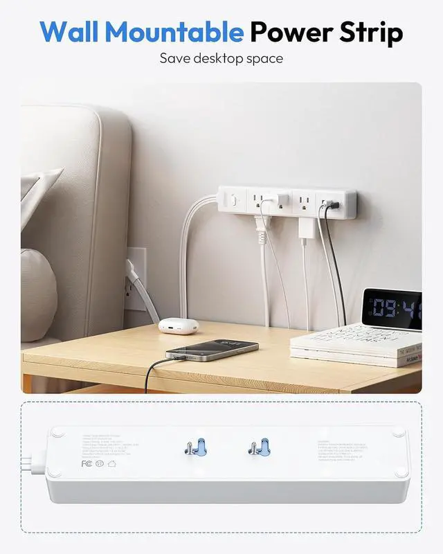Alt view image 6 of 7 - NTONPOWER Flat Extension Cord 15 ft, Long Cord, 1625W Overload Protection, 6 Widely Outlets and 3 USB Ports(1 USB C), Ultra Thin Flat Plug Extension Cord for Home, Dorm Room