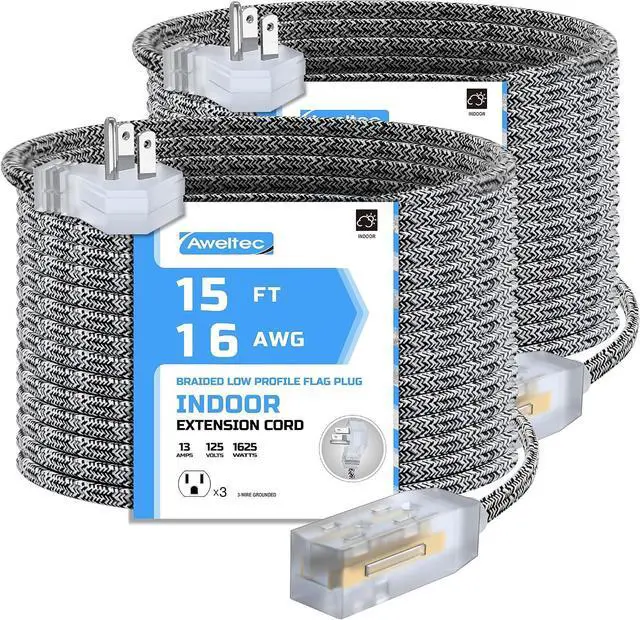Main image of 2 Pack Extension Cord 15 Ft,3 Outlet Braided Cable,16 Gauge Wire SPT-2, Multiple Outlets Tamper Guard,Outlet Saver,3 Polarized Outlets with Safety Cap Protection for Home Office, Black/White
