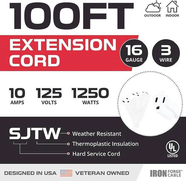 Alt view image 2 of 7 - Iron Forge Cable 16 Gauge White Extension Cord Multi Outlet, 100 Ft - SJTW | 16/3 SJTW Cable, 3 Grounded Outlets, Lighted End, 3 Prong Plug, 13 Amp - For Landscaping, Holiday Lights, Appliances