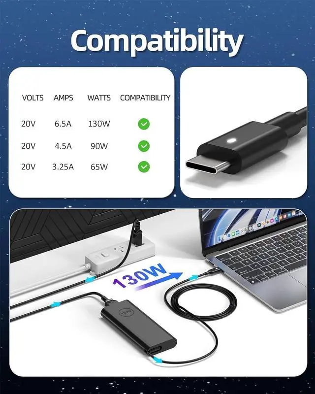 Alt view image 3 of 7 - 130W USB C Laptop Charger Compatible with Dell XPS 15 17 9500 9510 9520 9530 9700 9710 9720 9730, Precision 5550 5560 5570 5750 5760 3560, Type C AC Power Adapter Supply with Charging Cord