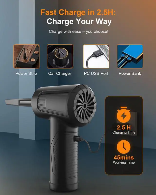 Alt view image 7 of 7 - 11-in-1 Compressed Air Duster-3-Gear Adjustable 120000 RPM Electric Air Duster with LED Light, Reusable no Canned Keyboard Cleaner for Office, 9000mAh Cordless Air Duster for Computer/Car/Home (Black)