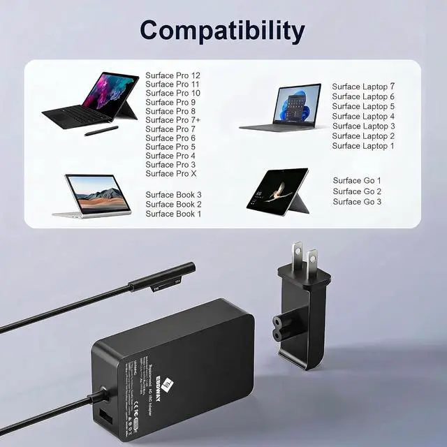 Alt view image 3 of 7 - 65W Microsoft Surface Charger Pro/Laptop/Book/Go Replacement AC Adapter | Fits Surface Pro1-12,Laptop1-7,Book1-3,Go1-3;65W works with 44W/36W,6FT cord,mini detachable AC plug clutter-free setup