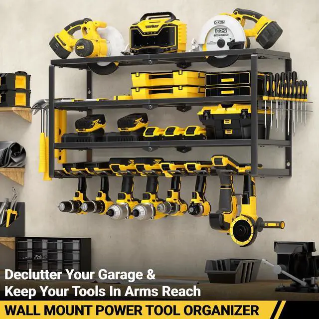 Alt view image 2 of 7 - YYR 4 Layer Power Tool Organizer Wall Mount, Cordless Drill Hanger Storage Rack, Battery Tools Holder with Charging Station Shelf for Garage Organization, Workshop, Pegboard, Shed - 32 Inch 8 Slots