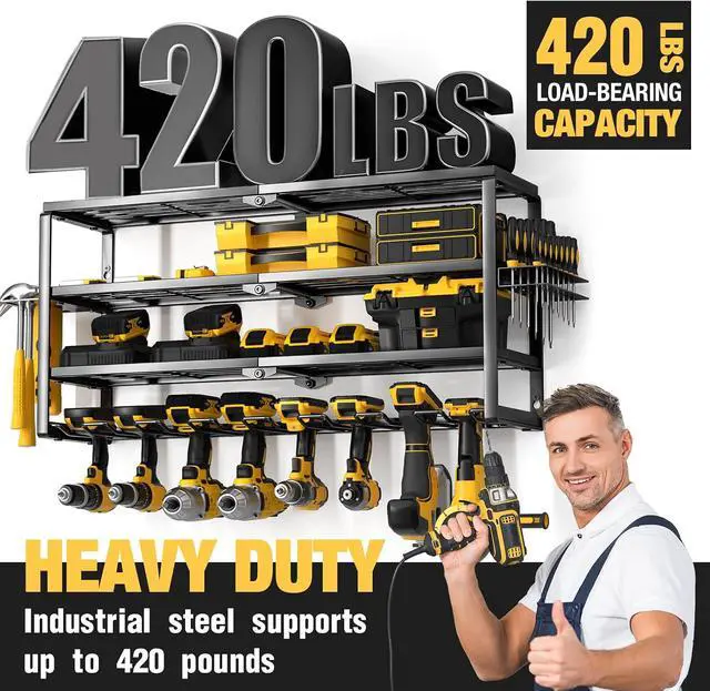 Alt view image 4 of 7 - YYR 4 Layer Power Tool Organizer Wall Mount, Cordless Drill Hanger Storage Rack, Battery Tools Holder with Charging Station Shelf for Garage Organization, Workshop, Pegboard, Shed - 32 Inch 8 Slots