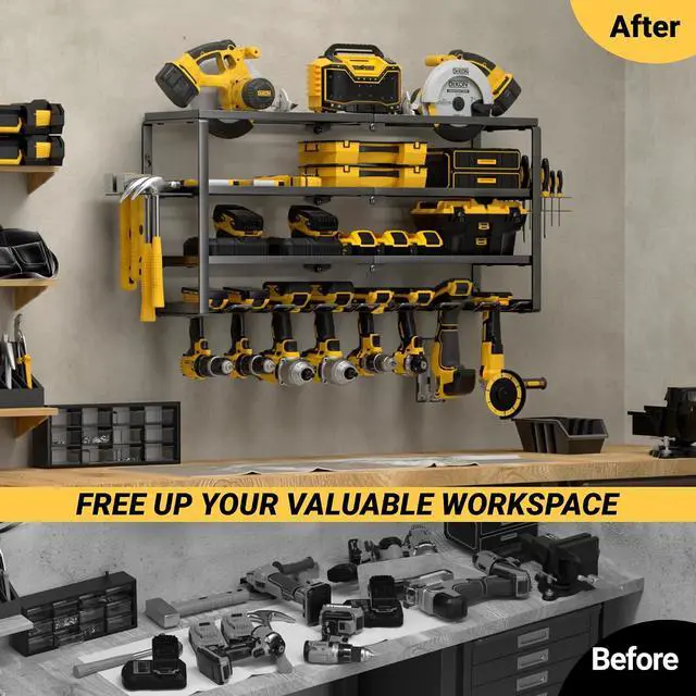 Alt view image 5 of 7 - YYR 4 Layer Power Tool Organizer Wall Mount, Cordless Drill Hanger Storage Rack, Battery Tools Holder with Charging Station Shelf for Garage Organization, Workshop, Pegboard, Shed - 32 Inch 8 Slots
