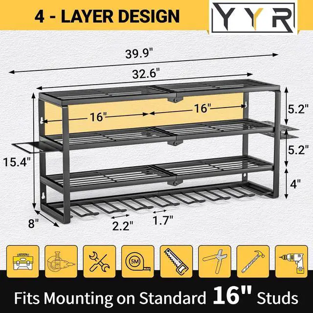 Alt view image 6 of 7 - YYR 4 Layer Power Tool Organizer Wall Mount, Cordless Drill Hanger Storage Rack, Battery Tools Holder with Charging Station Shelf for Garage Organization, Workshop, Pegboard, Shed - 32 Inch 8 Slots